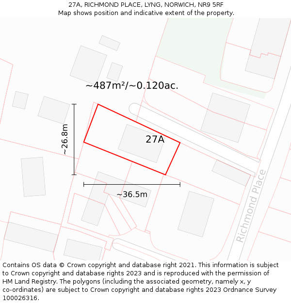 27A, RICHMOND PLACE, LYNG, NORWICH, NR9 5RF: Plot and title map