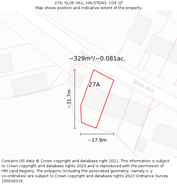 27A, SLOE HILL, HALSTEAD, CO9 1JT: Plot and title map