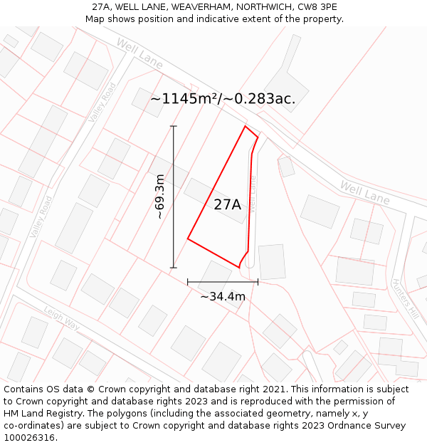 27A, WELL LANE, WEAVERHAM, NORTHWICH, CW8 3PE: Plot and title map