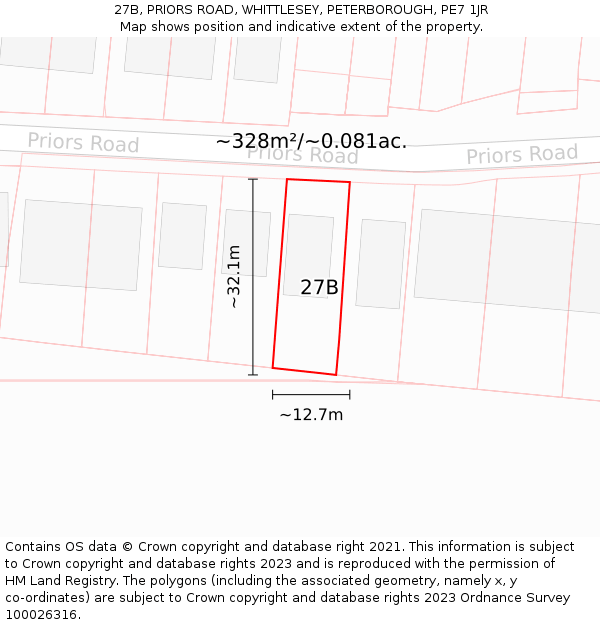 27B, PRIORS ROAD, WHITTLESEY, PETERBOROUGH, PE7 1JR: Plot and title map