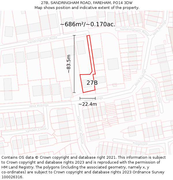 27B, SANDRINGHAM ROAD, FAREHAM, PO14 3DW: Plot and title map