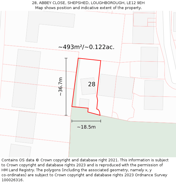 28, ABBEY CLOSE, SHEPSHED, LOUGHBOROUGH, LE12 9EH: Plot and title map