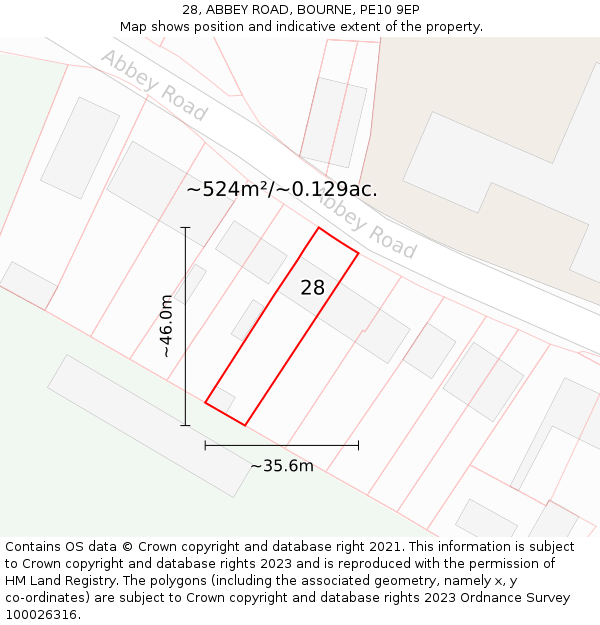 28, ABBEY ROAD, BOURNE, PE10 9EP: Plot and title map