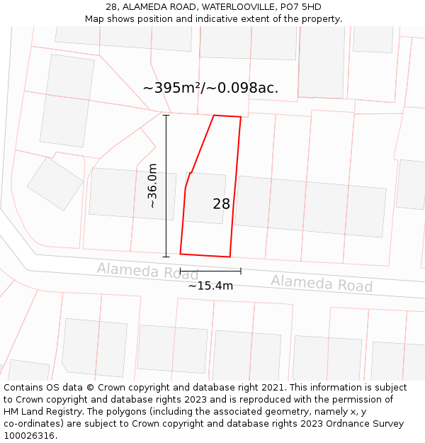 28, ALAMEDA ROAD, WATERLOOVILLE, PO7 5HD: Plot and title map