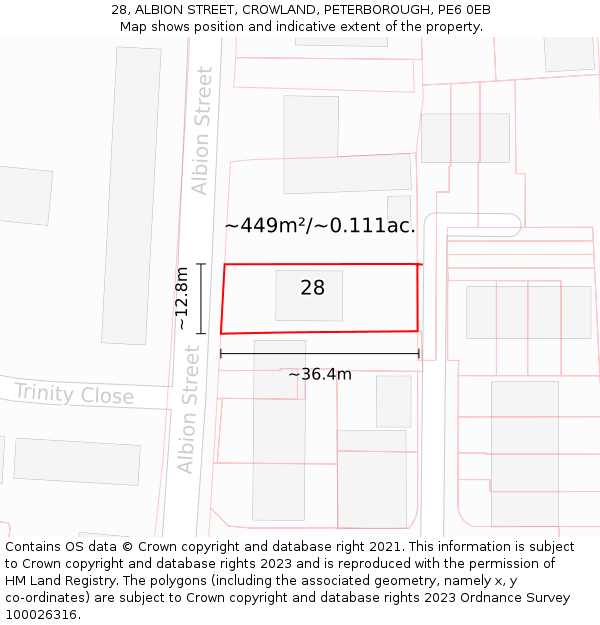 28, ALBION STREET, CROWLAND, PETERBOROUGH, PE6 0EB: Plot and title map