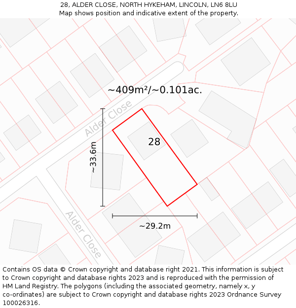 28, ALDER CLOSE, NORTH HYKEHAM, LINCOLN, LN6 8LU: Plot and title map
