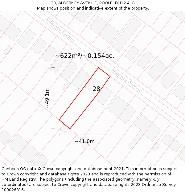 28, ALDERNEY AVENUE, POOLE, BH12 4LG: Plot and title map