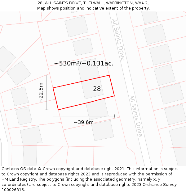 28, ALL SAINTS DRIVE, THELWALL, WARRINGTON, WA4 2JJ: Plot and title map