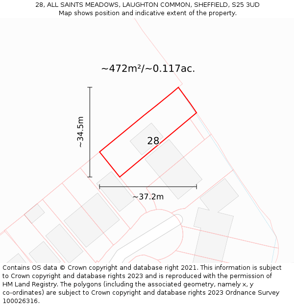 28, ALL SAINTS MEADOWS, LAUGHTON COMMON, SHEFFIELD, S25 3UD: Plot and title map