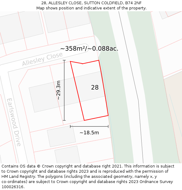 28, ALLESLEY CLOSE, SUTTON COLDFIELD, B74 2NF: Plot and title map