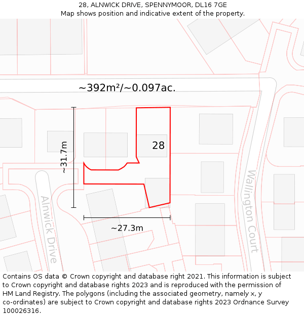 28, ALNWICK DRIVE, SPENNYMOOR, DL16 7GE: Plot and title map