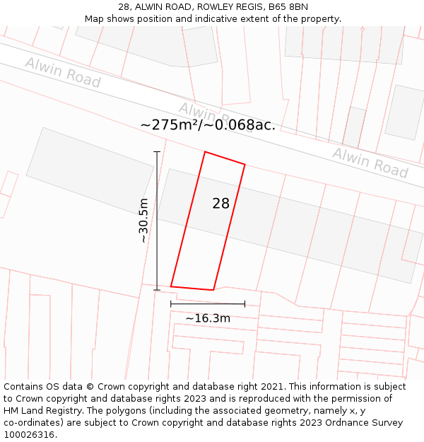 28, ALWIN ROAD, ROWLEY REGIS, B65 8BN: Plot and title map