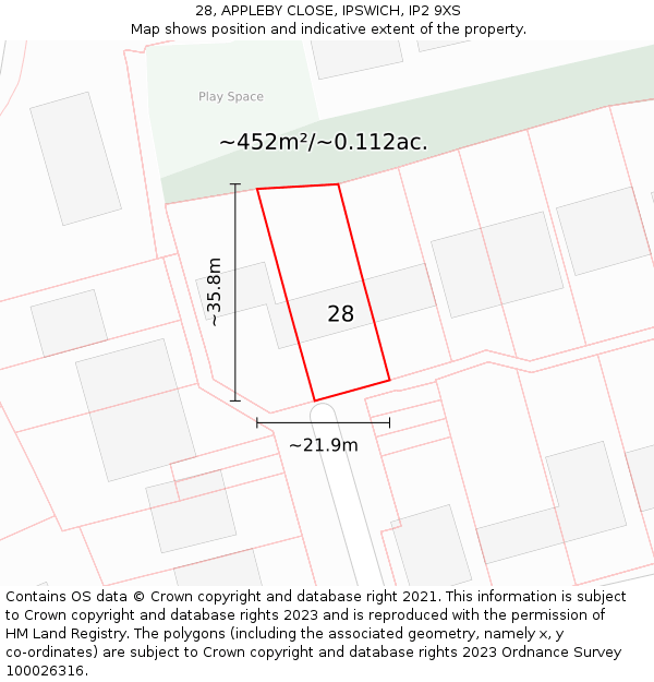 28, APPLEBY CLOSE, IPSWICH, IP2 9XS: Plot and title map