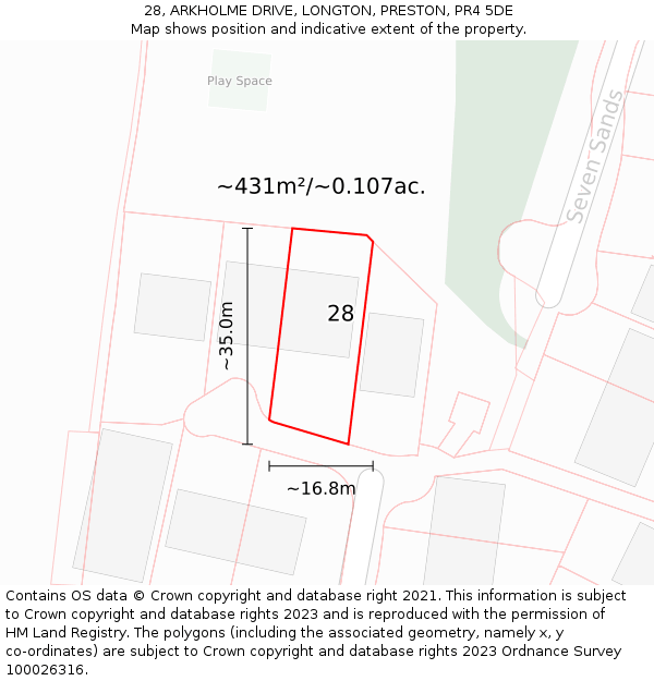 28, ARKHOLME DRIVE, LONGTON, PRESTON, PR4 5DE: Plot and title map