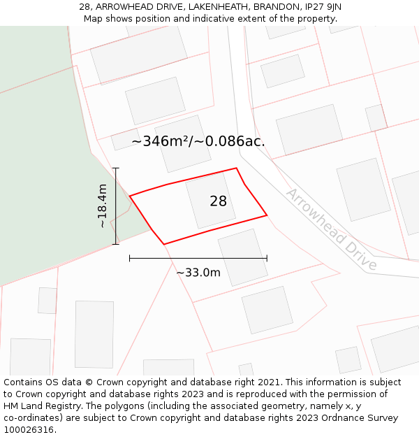 28, ARROWHEAD DRIVE, LAKENHEATH, BRANDON, IP27 9JN: Plot and title map