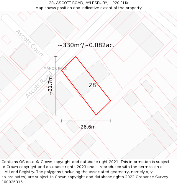 28, ASCOTT ROAD, AYLESBURY, HP20 1HX: Plot and title map
