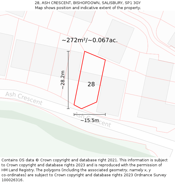 28, ASH CRESCENT, BISHOPDOWN, SALISBURY, SP1 3GY: Plot and title map