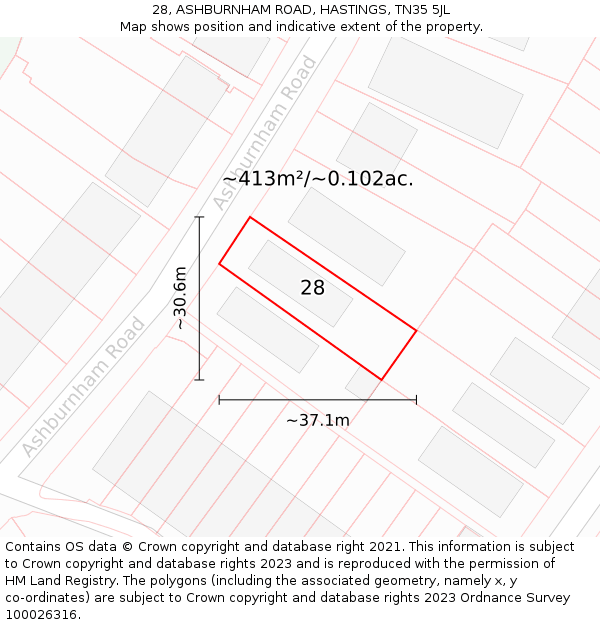 28, ASHBURNHAM ROAD, HASTINGS, TN35 5JL: Plot and title map