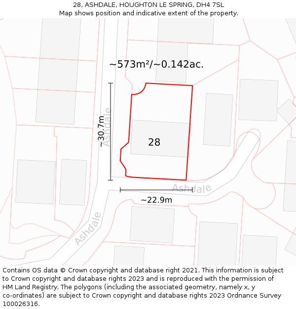 28, ASHDALE, HOUGHTON LE SPRING, DH4 7SL: Plot and title map