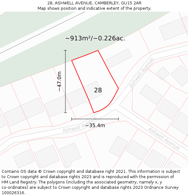 28, ASHWELL AVENUE, CAMBERLEY, GU15 2AR: Plot and title map