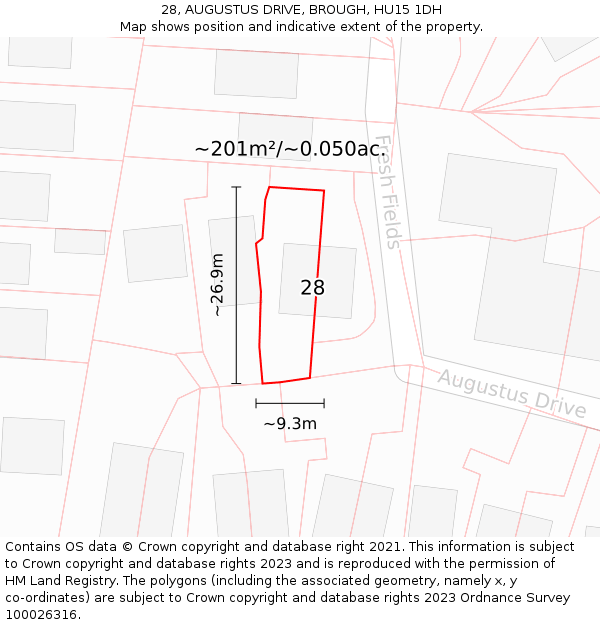 28, AUGUSTUS DRIVE, BROUGH, HU15 1DH: Plot and title map