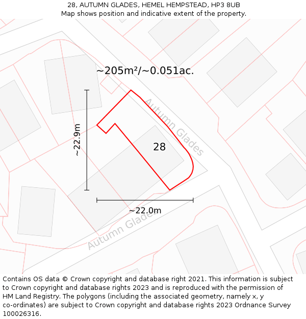 28, AUTUMN GLADES, HEMEL HEMPSTEAD, HP3 8UB: Plot and title map