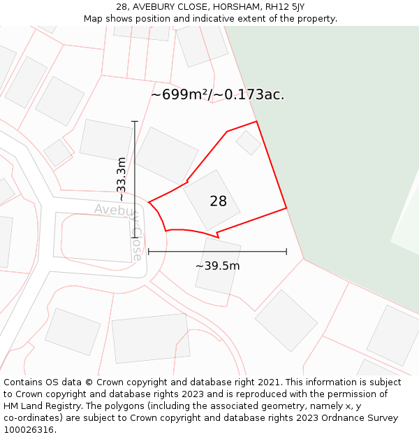 28, AVEBURY CLOSE, HORSHAM, RH12 5JY: Plot and title map