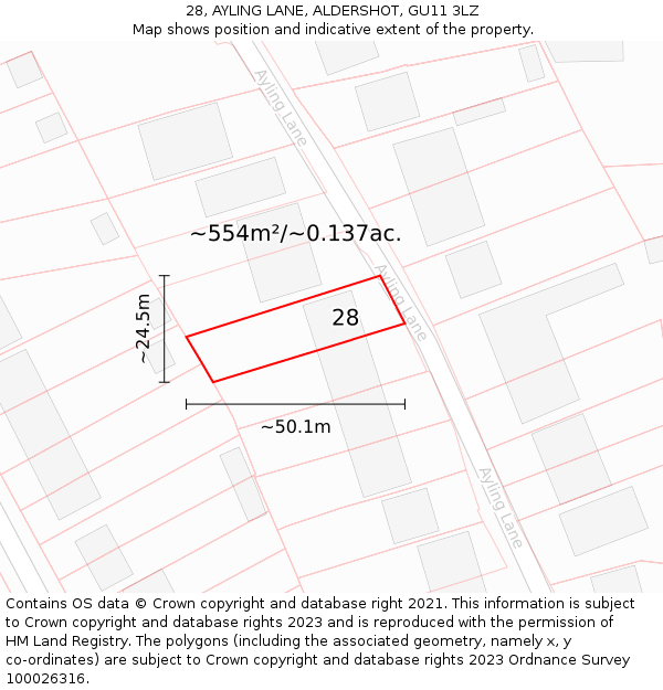 28, AYLING LANE, ALDERSHOT, GU11 3LZ: Plot and title map