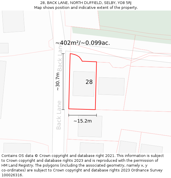 28, BACK LANE, NORTH DUFFIELD, SELBY, YO8 5RJ: Plot and title map