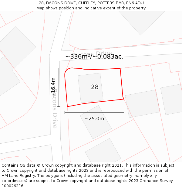 28, BACONS DRIVE, CUFFLEY, POTTERS BAR, EN6 4DU: Plot and title map