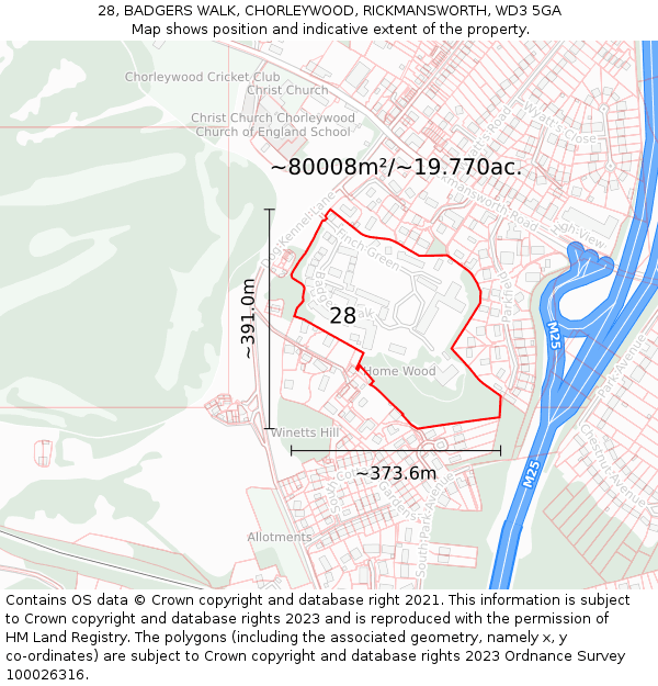 28, BADGERS WALK, CHORLEYWOOD, RICKMANSWORTH, WD3 5GA: Plot and title map