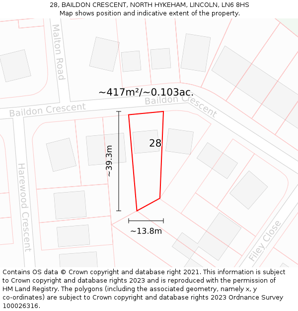 28, BAILDON CRESCENT, NORTH HYKEHAM, LINCOLN, LN6 8HS: Plot and title map