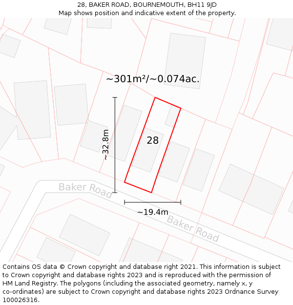 28, BAKER ROAD, BOURNEMOUTH, BH11 9JD: Plot and title map