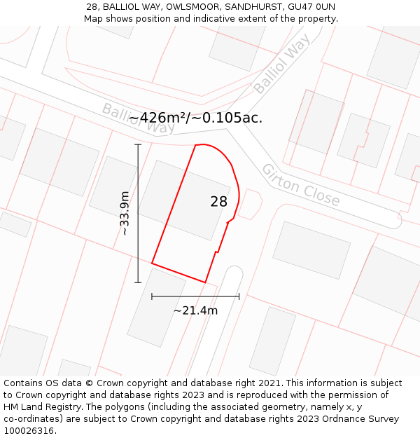 28, BALLIOL WAY, OWLSMOOR, SANDHURST, GU47 0UN: Plot and title map