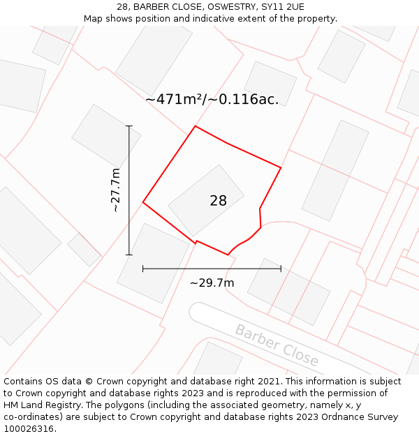 28, BARBER CLOSE, OSWESTRY, SY11 2UE: Plot and title map