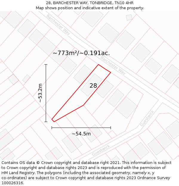 28, BARCHESTER WAY, TONBRIDGE, TN10 4HR: Plot and title map