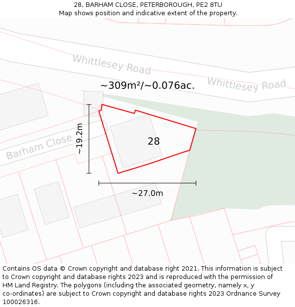 28, BARHAM CLOSE, PETERBOROUGH, PE2 8TU: Plot and title map