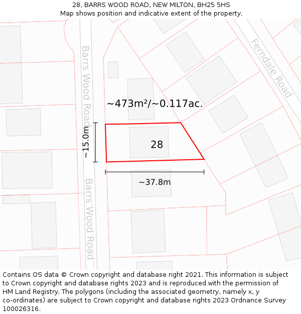 28, BARRS WOOD ROAD, NEW MILTON, BH25 5HS: Plot and title map