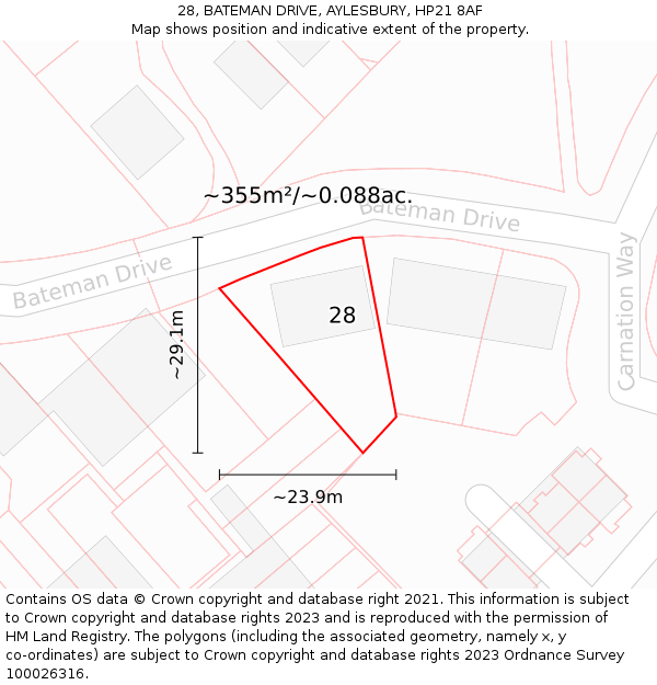 28, BATEMAN DRIVE, AYLESBURY, HP21 8AF: Plot and title map