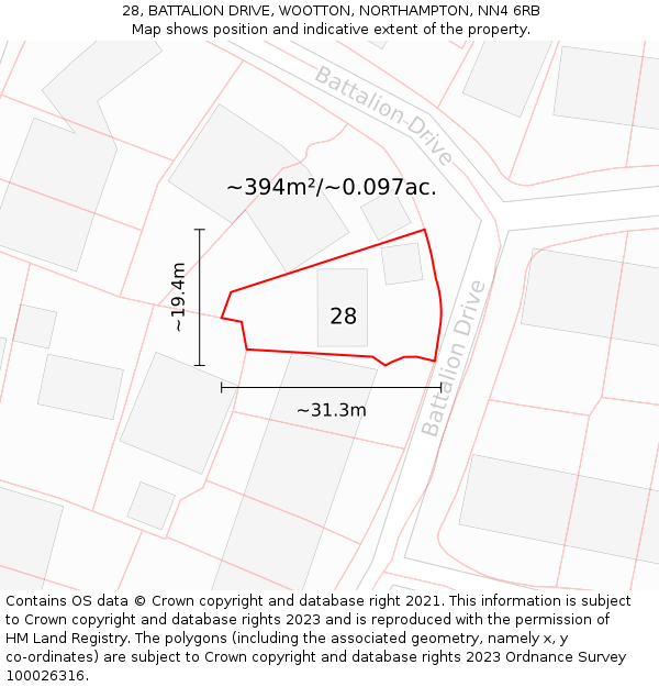 28, BATTALION DRIVE, WOOTTON, NORTHAMPTON, NN4 6RB: Plot and title map