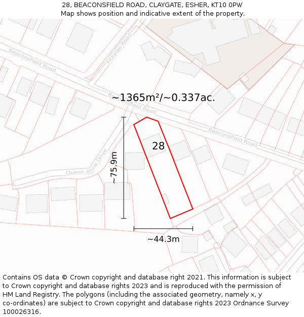 28, BEACONSFIELD ROAD, CLAYGATE, ESHER, KT10 0PW: Plot and title map