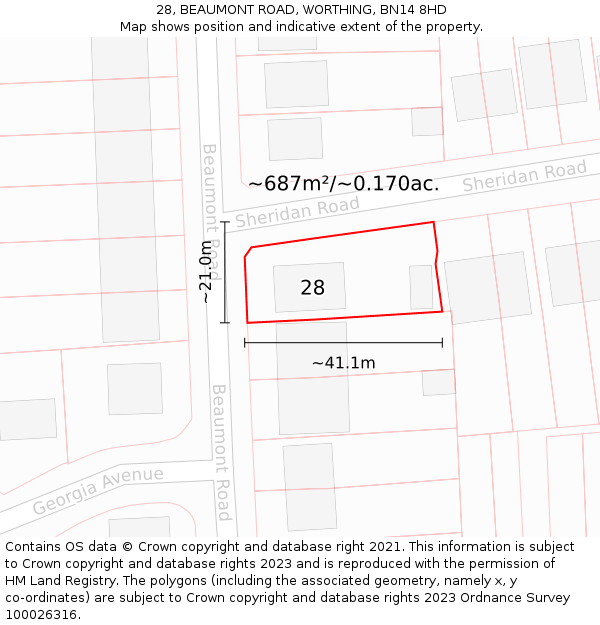 28, BEAUMONT ROAD, WORTHING, BN14 8HD: Plot and title map