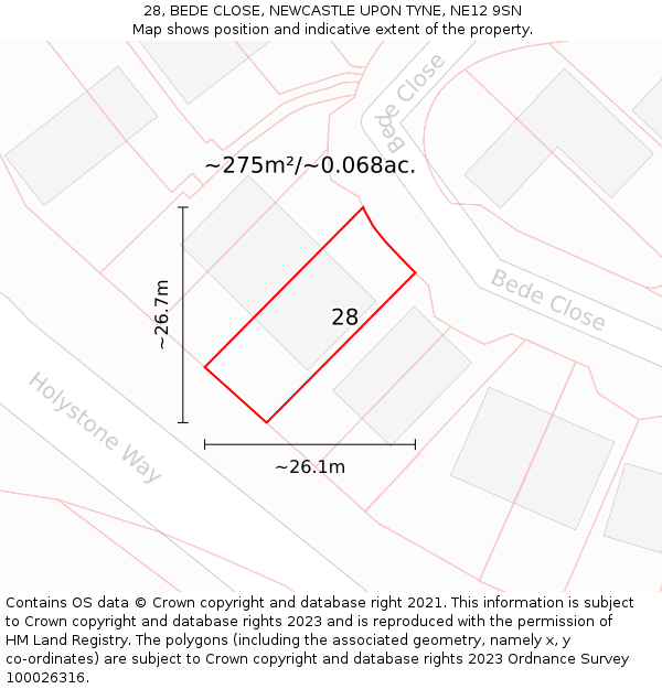 28, BEDE CLOSE, NEWCASTLE UPON TYNE, NE12 9SN: Plot and title map