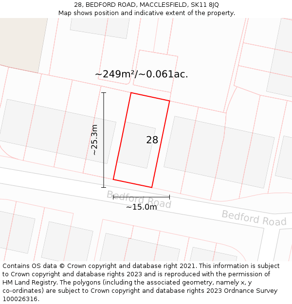 28, BEDFORD ROAD, MACCLESFIELD, SK11 8JQ: Plot and title map