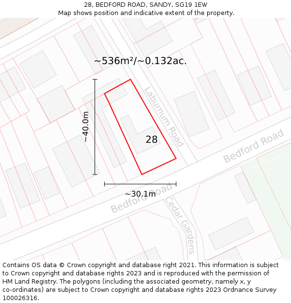 28, BEDFORD ROAD, SANDY, SG19 1EW: Plot and title map