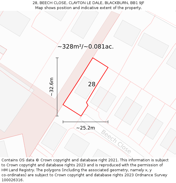 28, BEECH CLOSE, CLAYTON LE DALE, BLACKBURN, BB1 9JF: Plot and title map