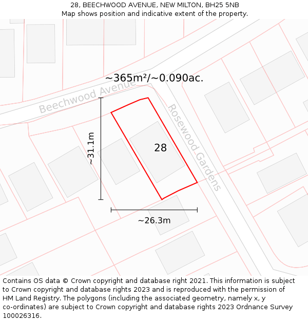 28, BEECHWOOD AVENUE, NEW MILTON, BH25 5NB: Plot and title map