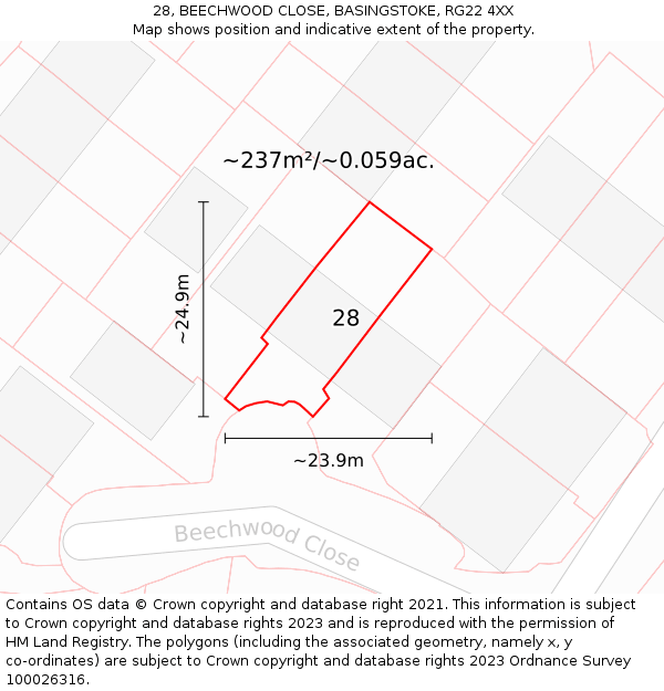 28, BEECHWOOD CLOSE, BASINGSTOKE, RG22 4XX: Plot and title map