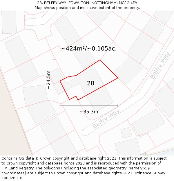 28, BELFRY WAY, EDWALTON, NOTTINGHAM, NG12 4FA: Plot and title map