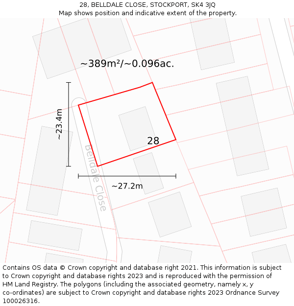28, BELLDALE CLOSE, STOCKPORT, SK4 3JQ: Plot and title map